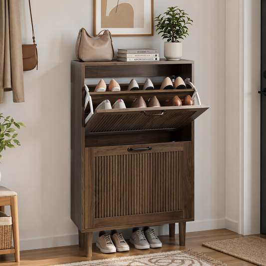 Semiocthome Shoe Cabinet with 2 Flip Drawers, Small Fluted Doors, Entryway, 23.6", Walnut