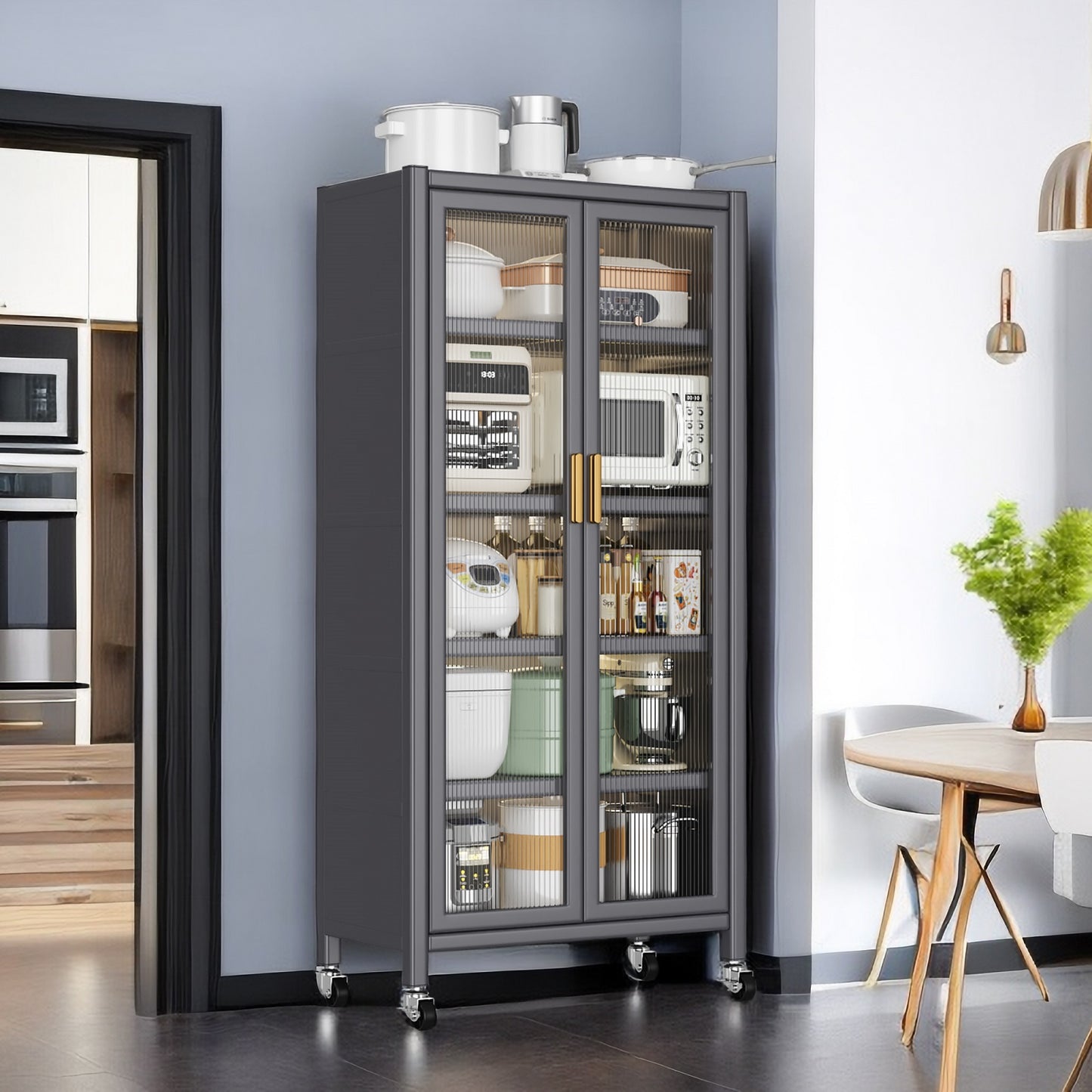 Algherohein Metal Pantry Storage Cabinets with Doors and Shelves,Wheels Kitchen Storage