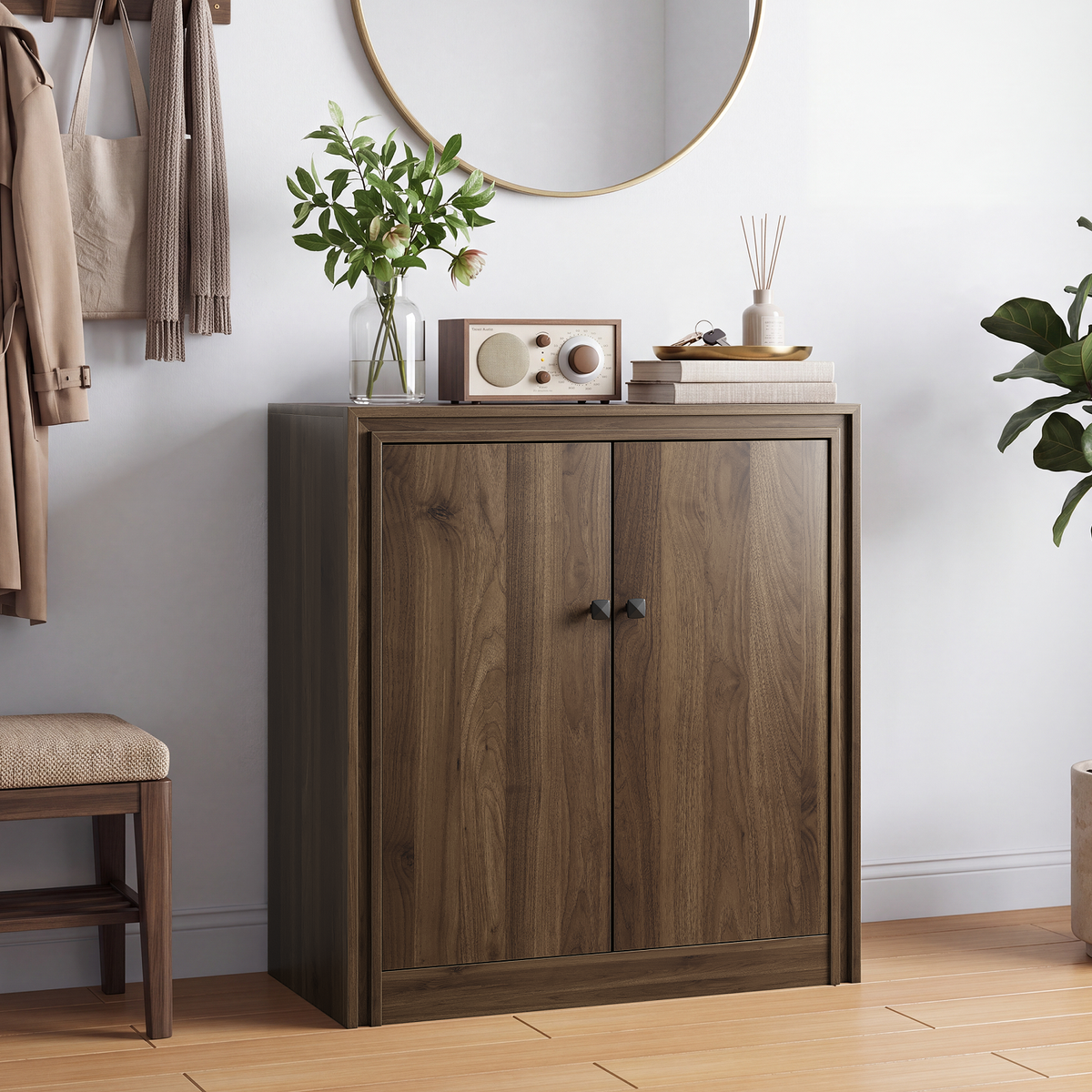 Smuxee 2 Doors Wood Storage Cabinet, Freestanding Accent Cabinet with Adjustable Shelevs, Walnut Grain Organizer TV Stand for Living Room