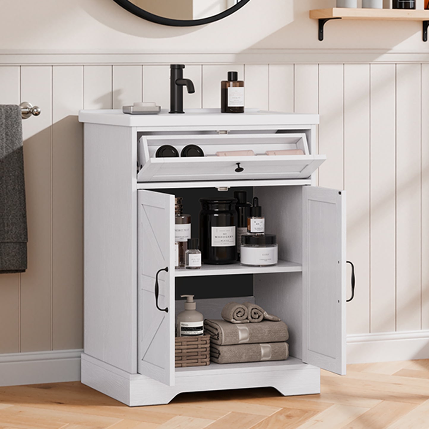 Smart FENDEE 23.62" Bathroom Vanity with Sink, Storage Cabinet with Barn Door & Drawer, White