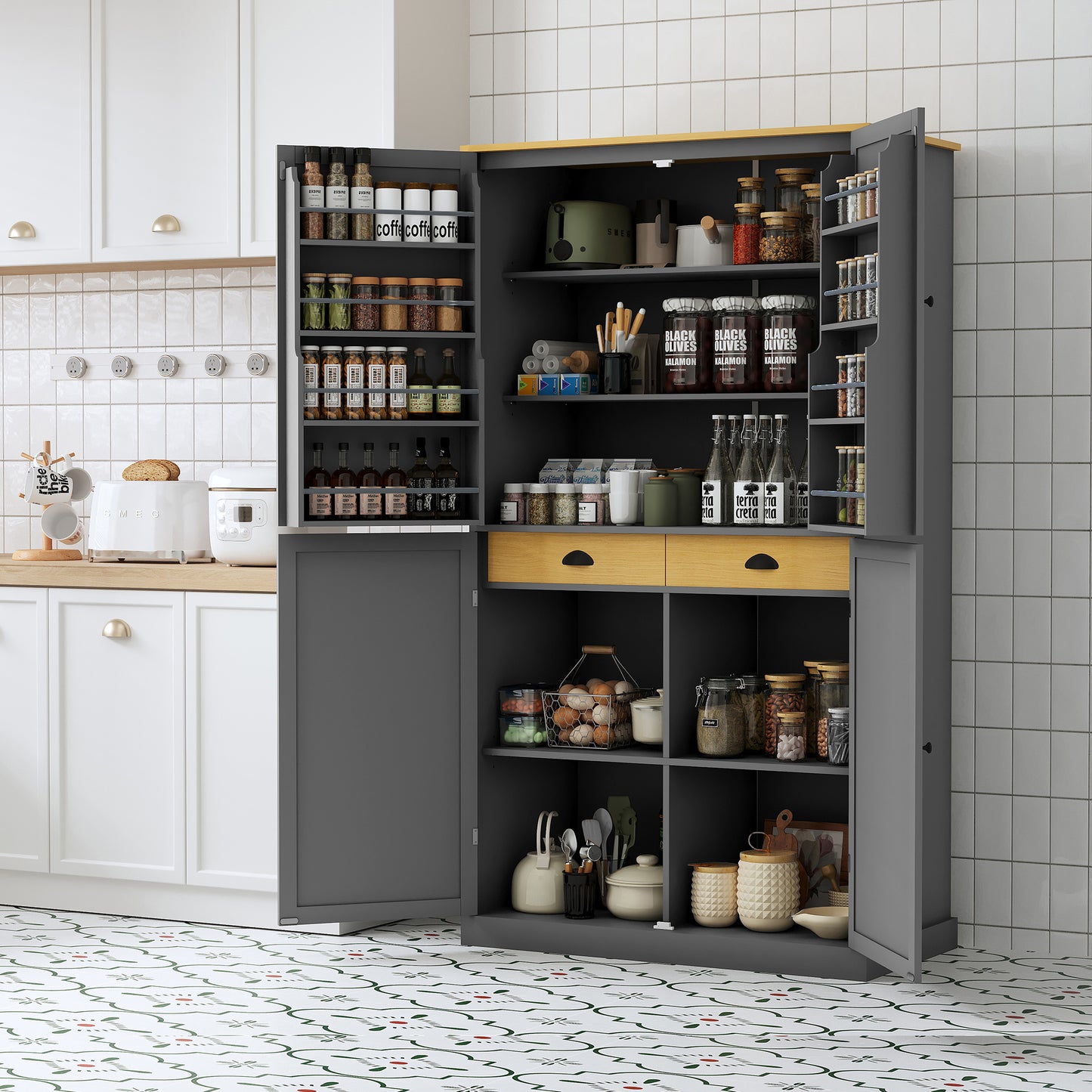 Smart FENDEE Freestanding Kitchen Pantry Storage Cabinet with 2 Drawers and Adjustable Shelves