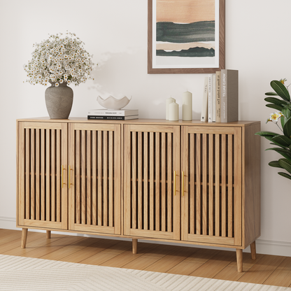 Smart FENDEE 63"W Sideboard Storage Cabinet with Slatted Doors and Adjustable Shelf,Dining Room,Natural