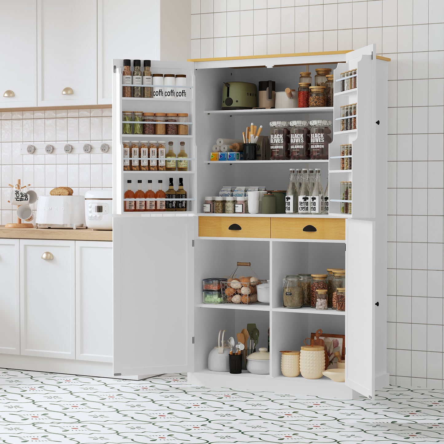 Smart FENDEE Freestanding Kitchen Pantry Storage Cabinet with 2 Drawers and Adjustable Shelves