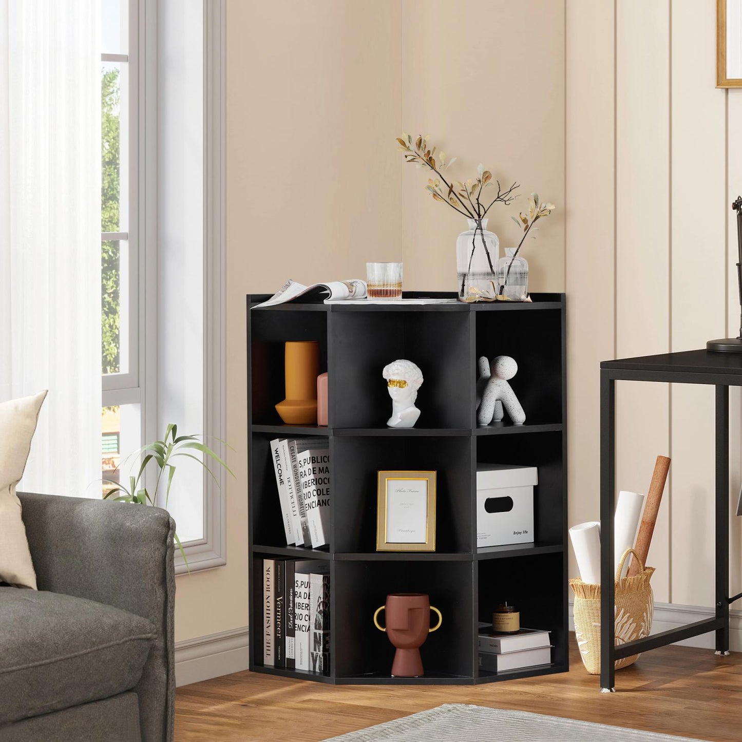 Smuxee Modern Corner Shelf with Cube Storage,USB Outlets Charging Station,Home Corner Cabinet