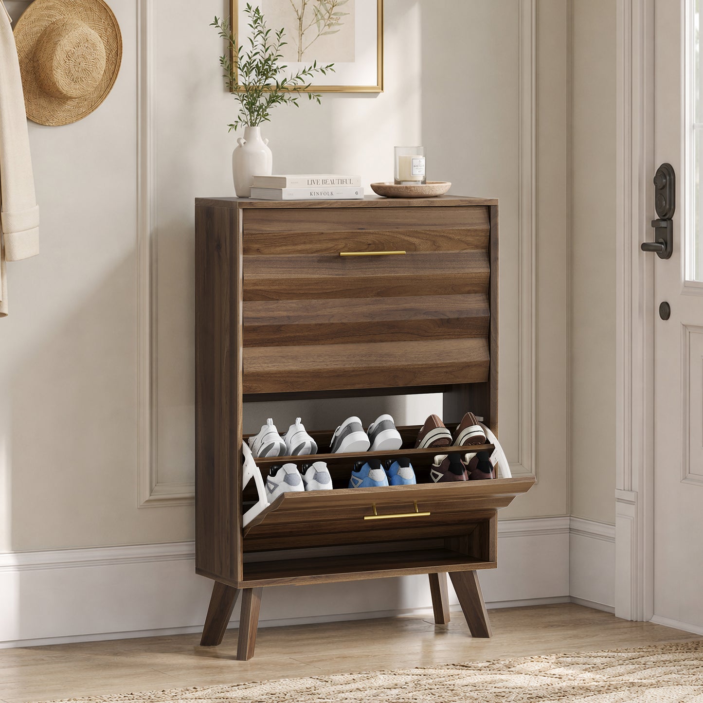 Semiocthome Mid-Century Shoe Cabinet, Shoe Storage with 2 Wavy Texture Drawers for Hallway, Walnut