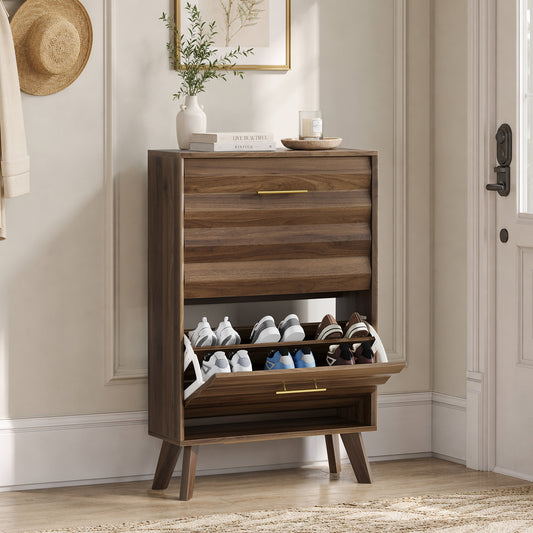 Semiocthome Mid-Century Shoe Cabinet, Shoe Storage with 2 Wavy Texture Drawers for Hallway, Walnut