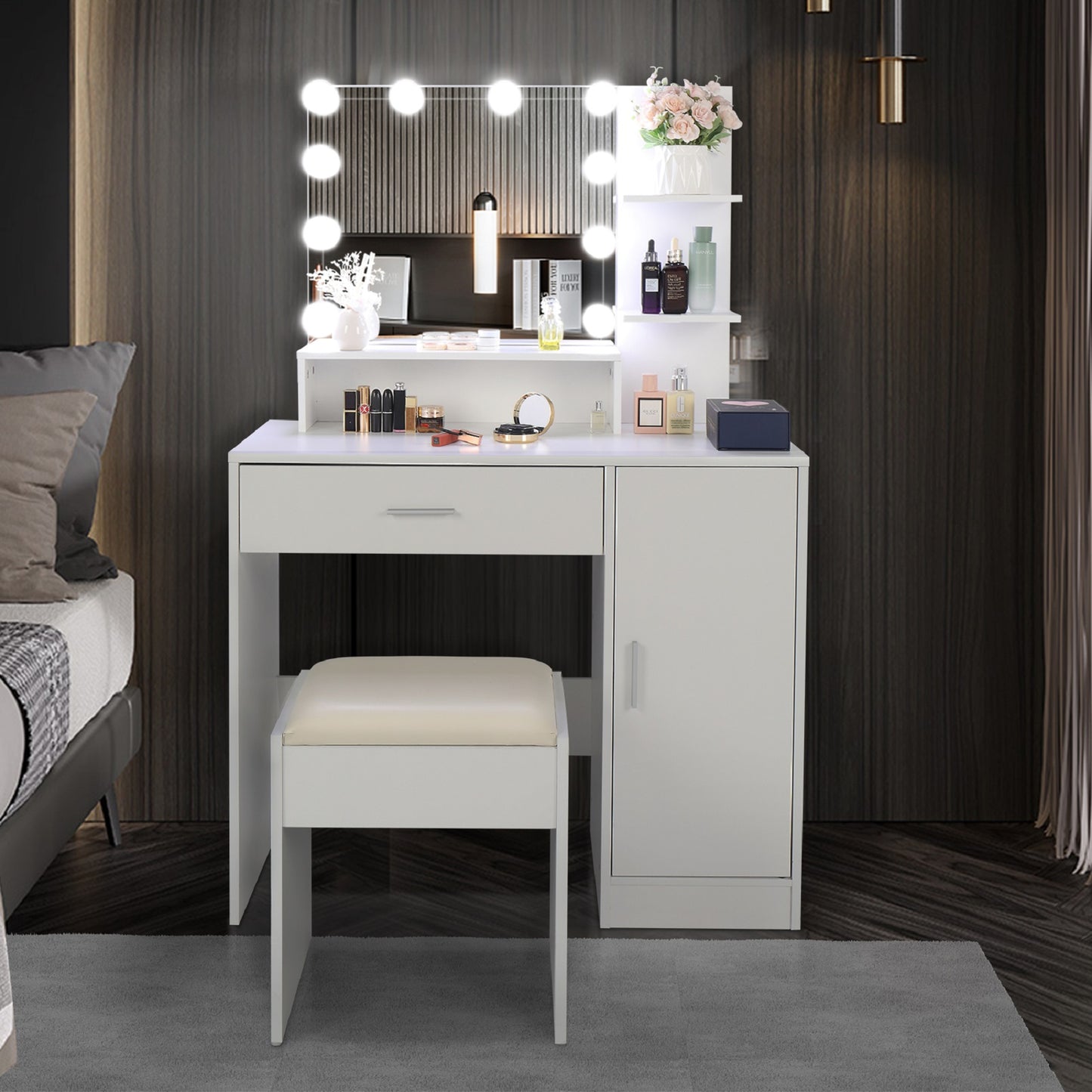 Smuxee Modern Drawer Vanity Set with Mirror and LED Lights,Makeup Dresser Table with 3 Shelves