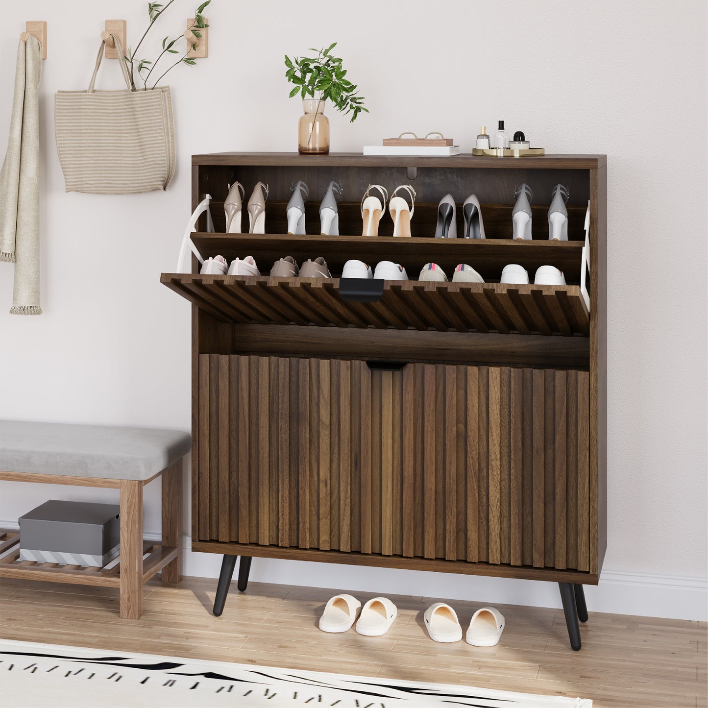 Semiocthome Shoe Cabinet with 2 Fluted Flip Drawers Freestanding Shoe Organizer for Entryway, Walnut