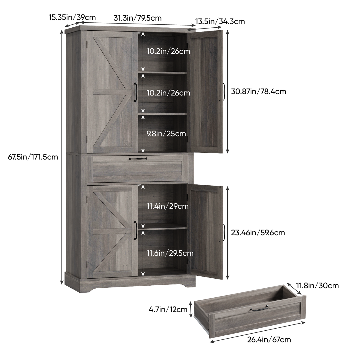Smuxee Farmhouse Tall Kitchen Pantry Storage Cabinet with 4 Barn-Style Doors & Central Drawer for Kitchen, Dining Room, Living Room, Entryway