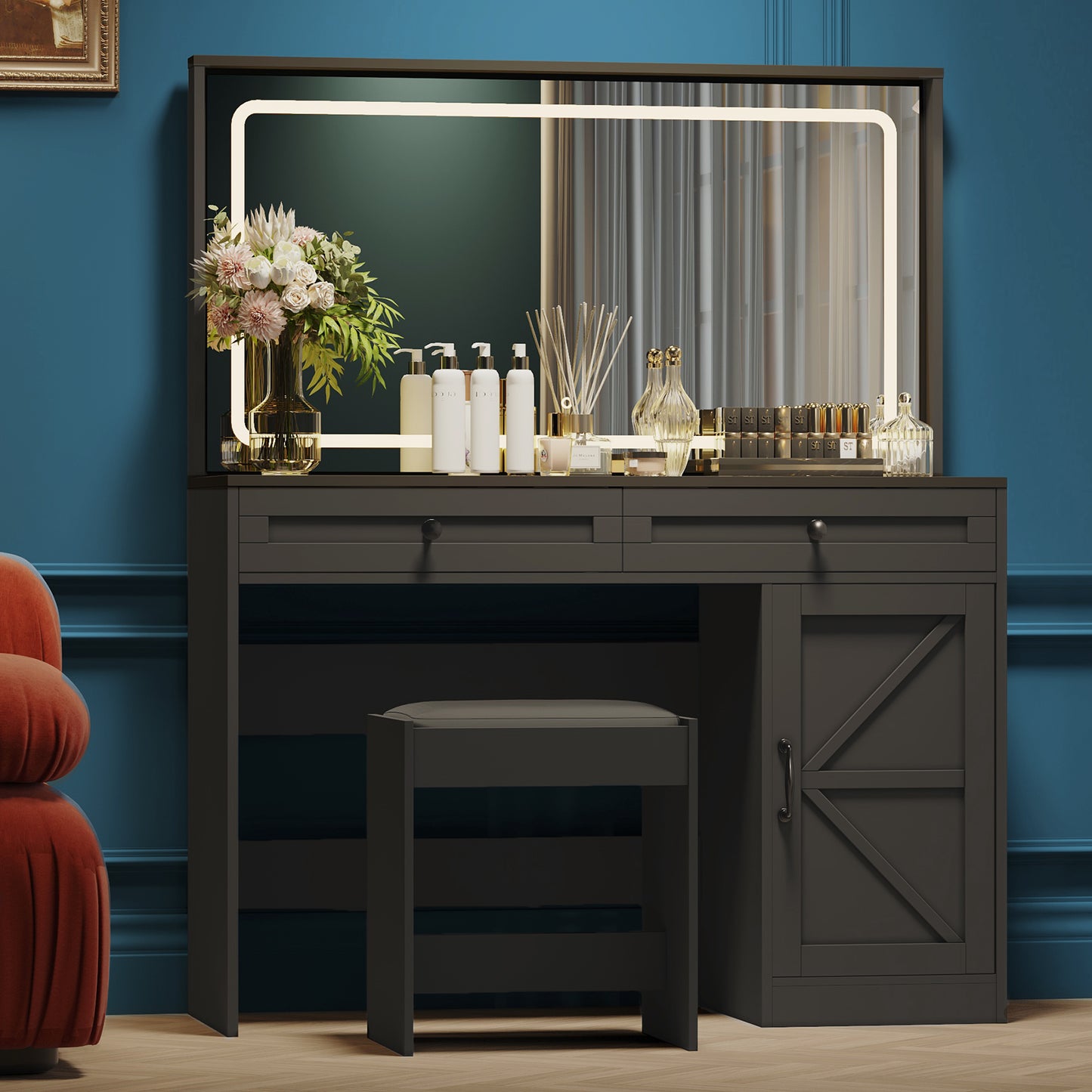 Smart FENDEE 43.3"Makeup Vanity with Stool Set LED Mirror Dressing Table with 2 Drawer,Bedroom