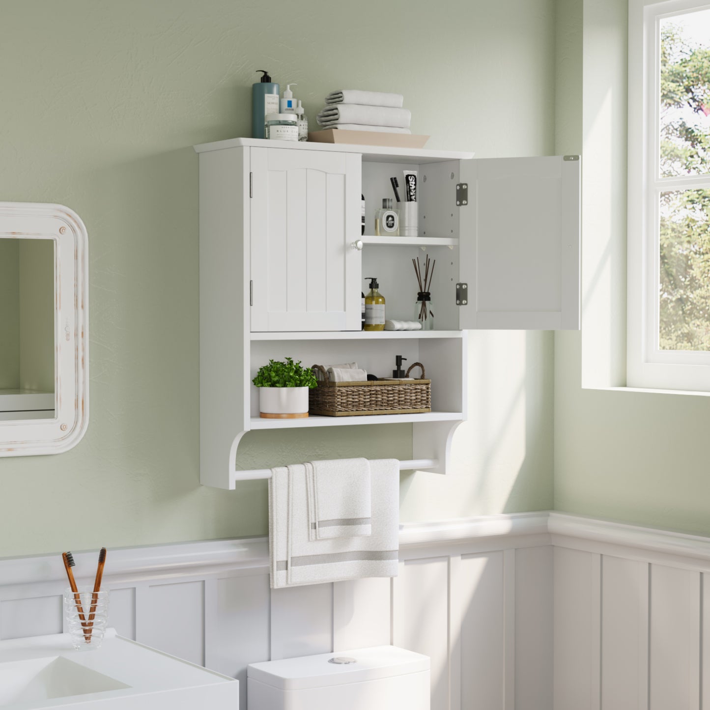 Smuxee Bathroom Wall Storage Cabinets with Door and Open Shelves,over The Toilet Storage,White Small