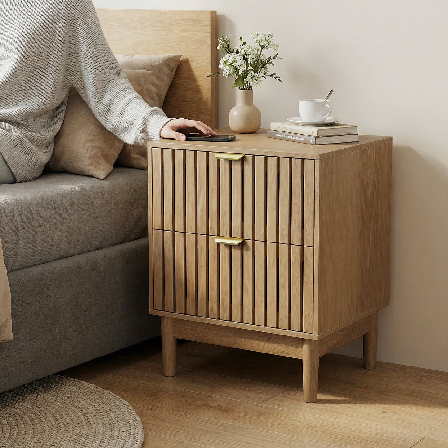 Semiocthome Nightstand Set of 2, Bedside Table with 2 Grille Drawers for Bedrooms, Natural Oak, Adult