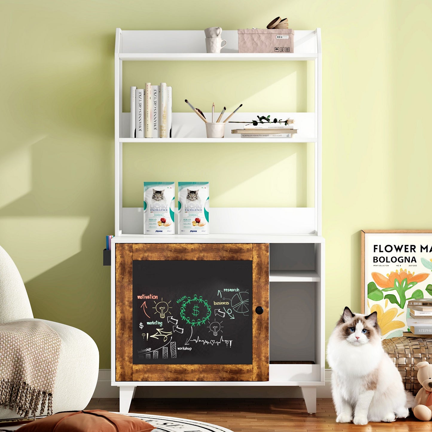 Algherohein Wood Cat Litter Box Enclosure with 2 Shelves and 1 Door,Graffiti Hidden Cat Box