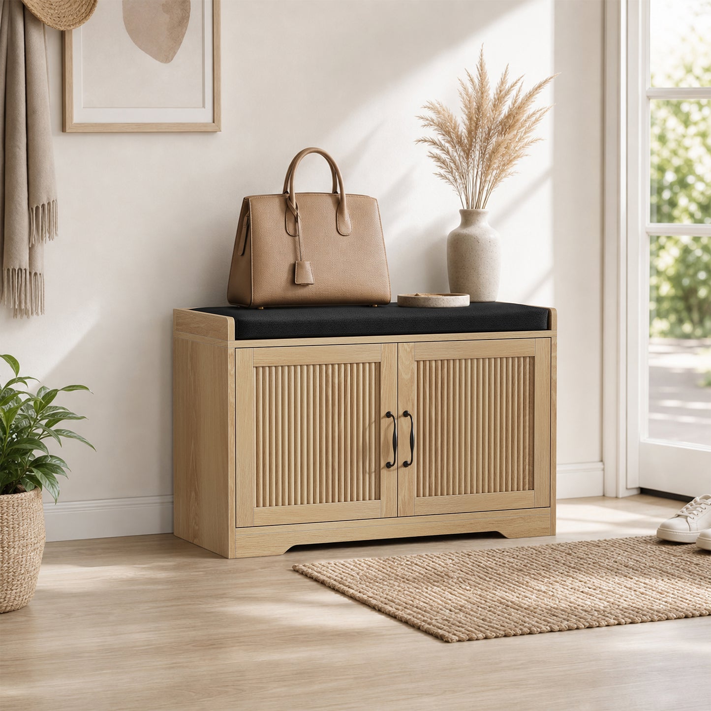 Semiocthome Shoe Bench with Storage for Entryway, Shoe Cabinet with Thick Padded Cushion, Oak