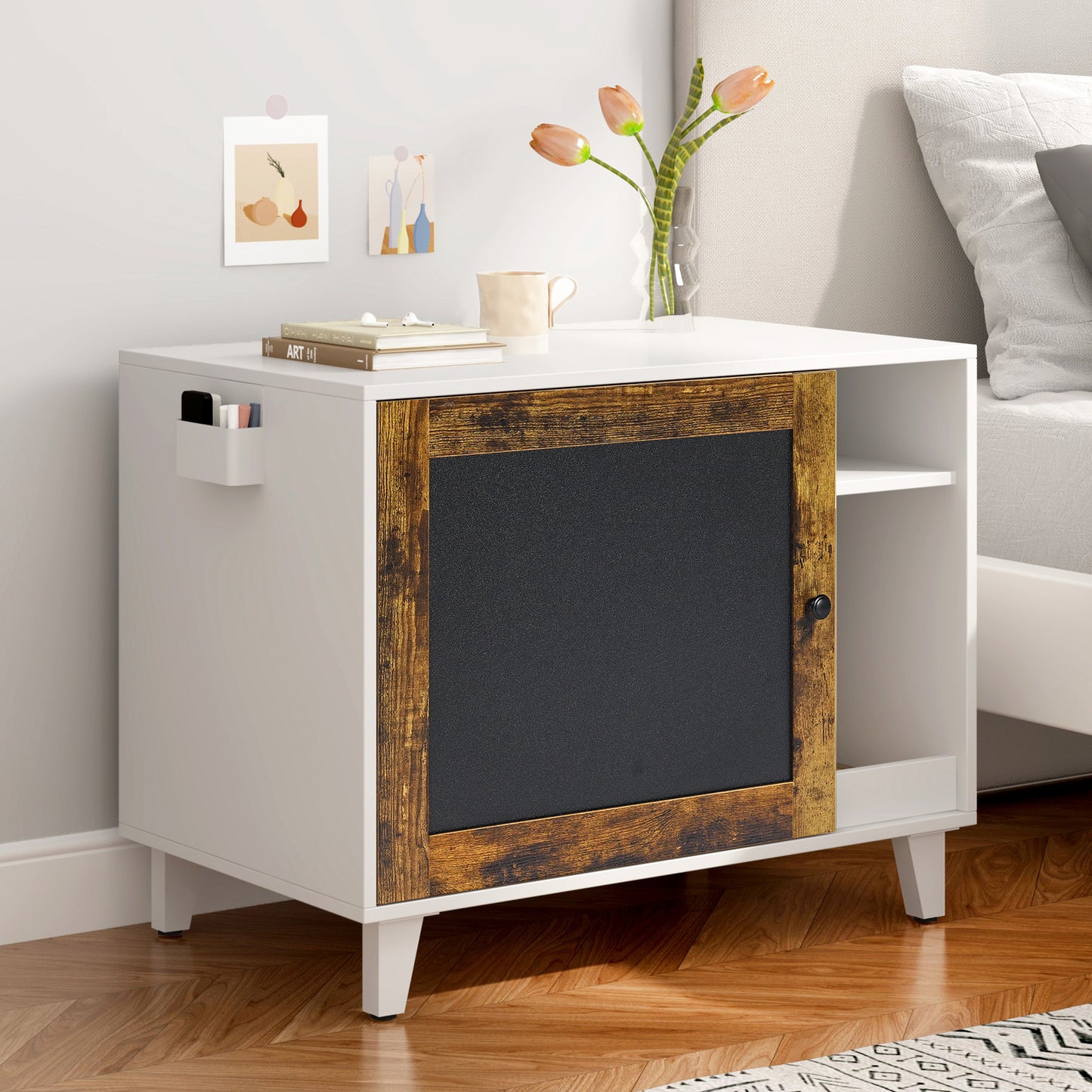 Algherohein Wood Cat Litter Box Enclosure with 2 Shelves and 1 Door,Graffiti Hidden Cat Box