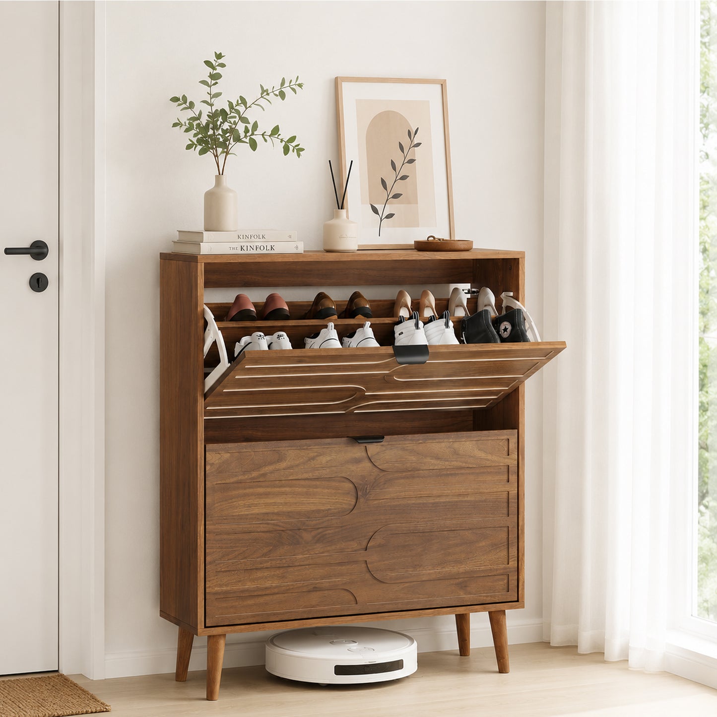 Semiocthome Shoe Cabinet with 2 Flip Drawers, Wood Shoe Organizer for Entryway, Walnut
