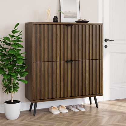 Semiocthome Shoe Cabinet with 2 Fluted Flip Drawers Freestanding Shoe Organizer for Entryway, Walnut