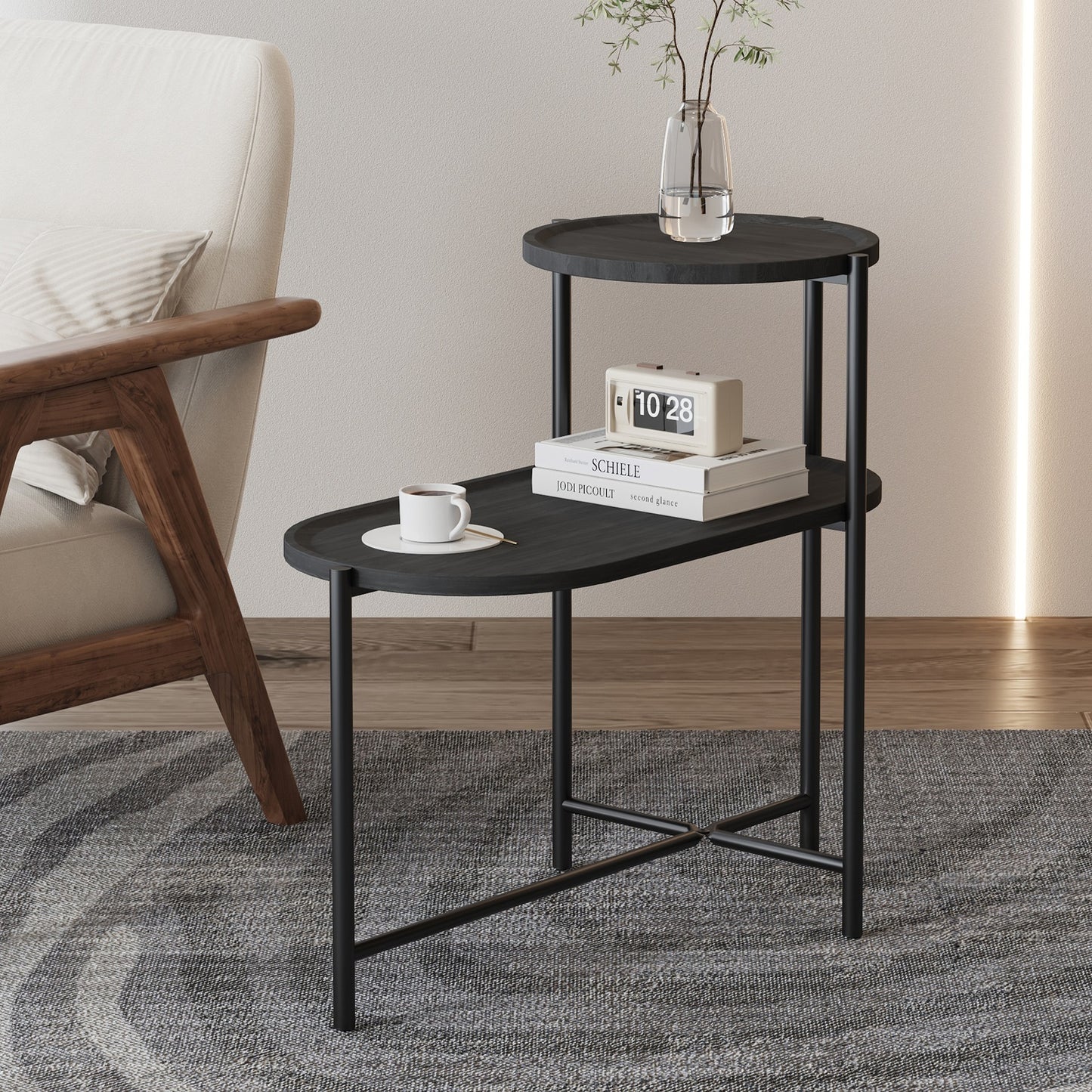 Algherohein 2 Tier Oval End Table for Living Room,Indoor Small Tray Table Side Table