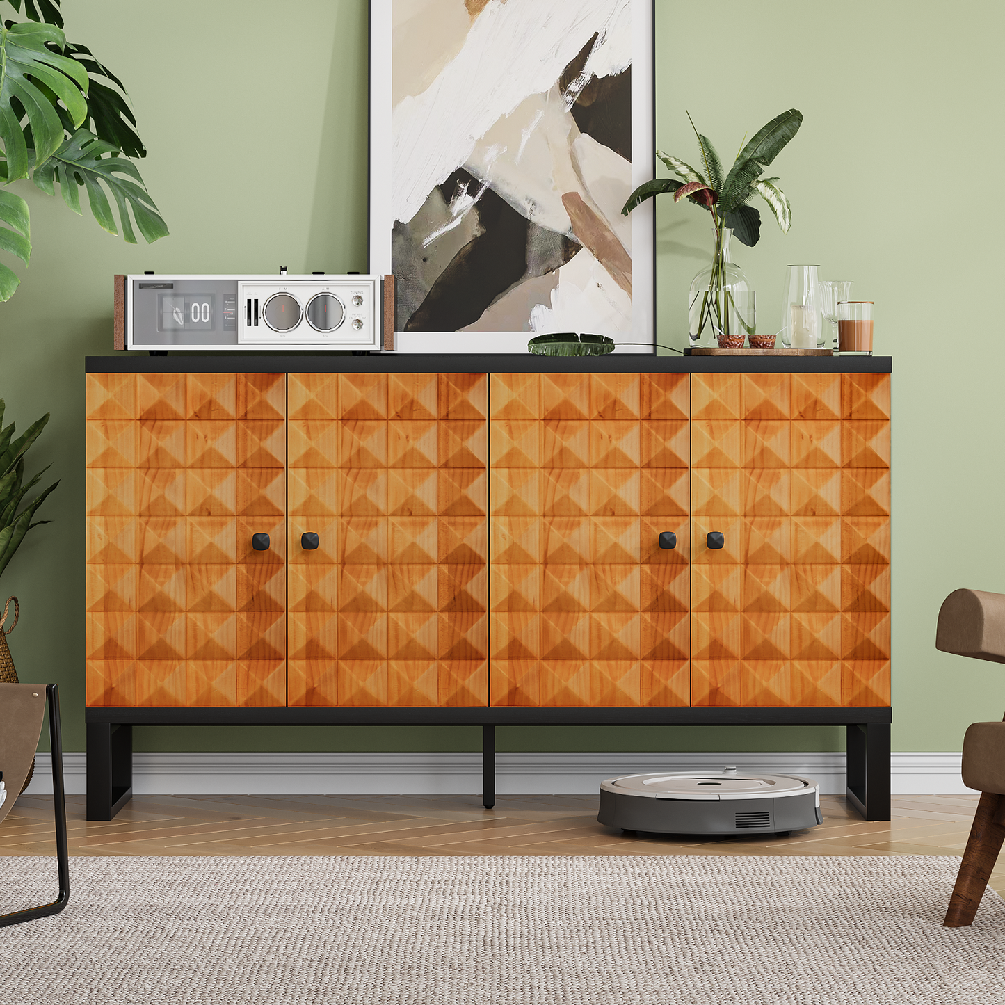 Algherohein Retro Kitchen Sideboards and Buffets, Buffet Cabinet with Storage Adjustable Shelves and 4 Doors
