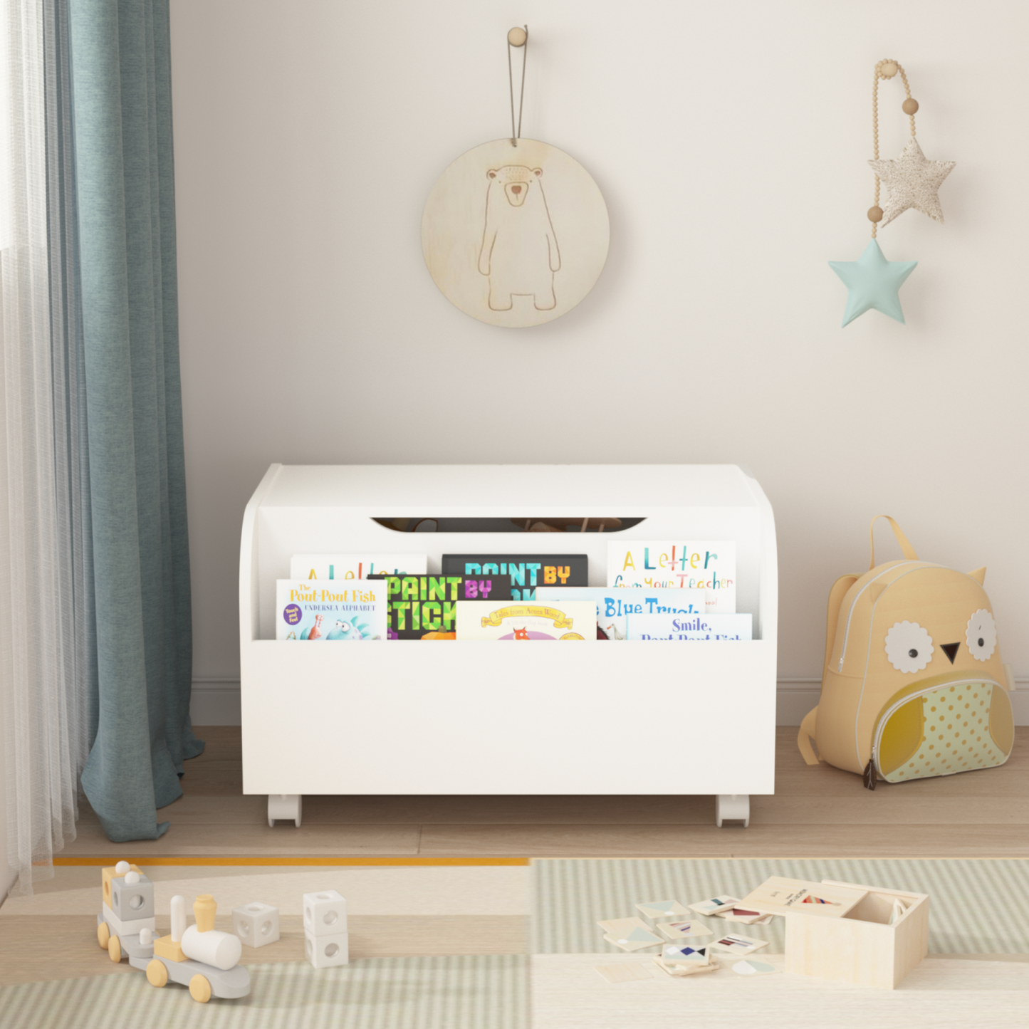 Smuxee Kids Toy Storage Organizer with Child Bookshelf,Toy Box Bench for Girls and Boys,White