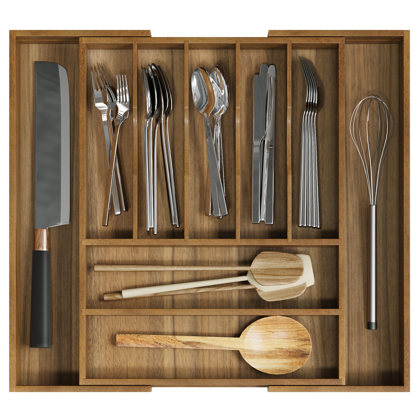 Semiocthome Acacia Wood Silverware Organizer Expandable Storage Drawer Organizer for Kitchen,9 Slot