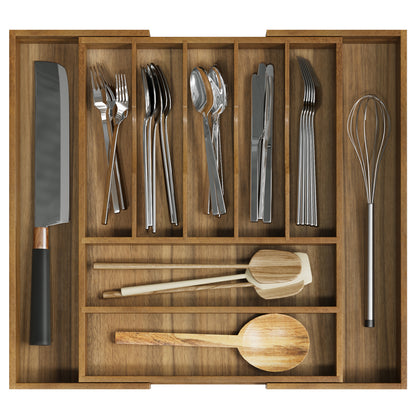 Semiocthome Acacia Wood Silverware Organizer Expandable Storage Drawer Organizer for Kitchen,9 Slot