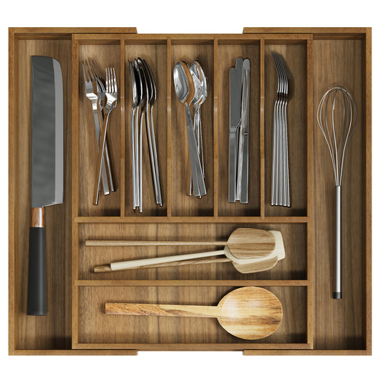 Semiocthome Acacia Wood Silverware Organizer Expandable Storage Drawer Organizer for Kitchen,9 Slot