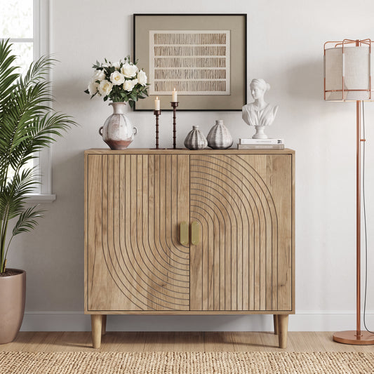Semiocthome Sideboard Buffet Cabinet with Adjustable Shelf, Line Groove Design, Kitchen, Natural