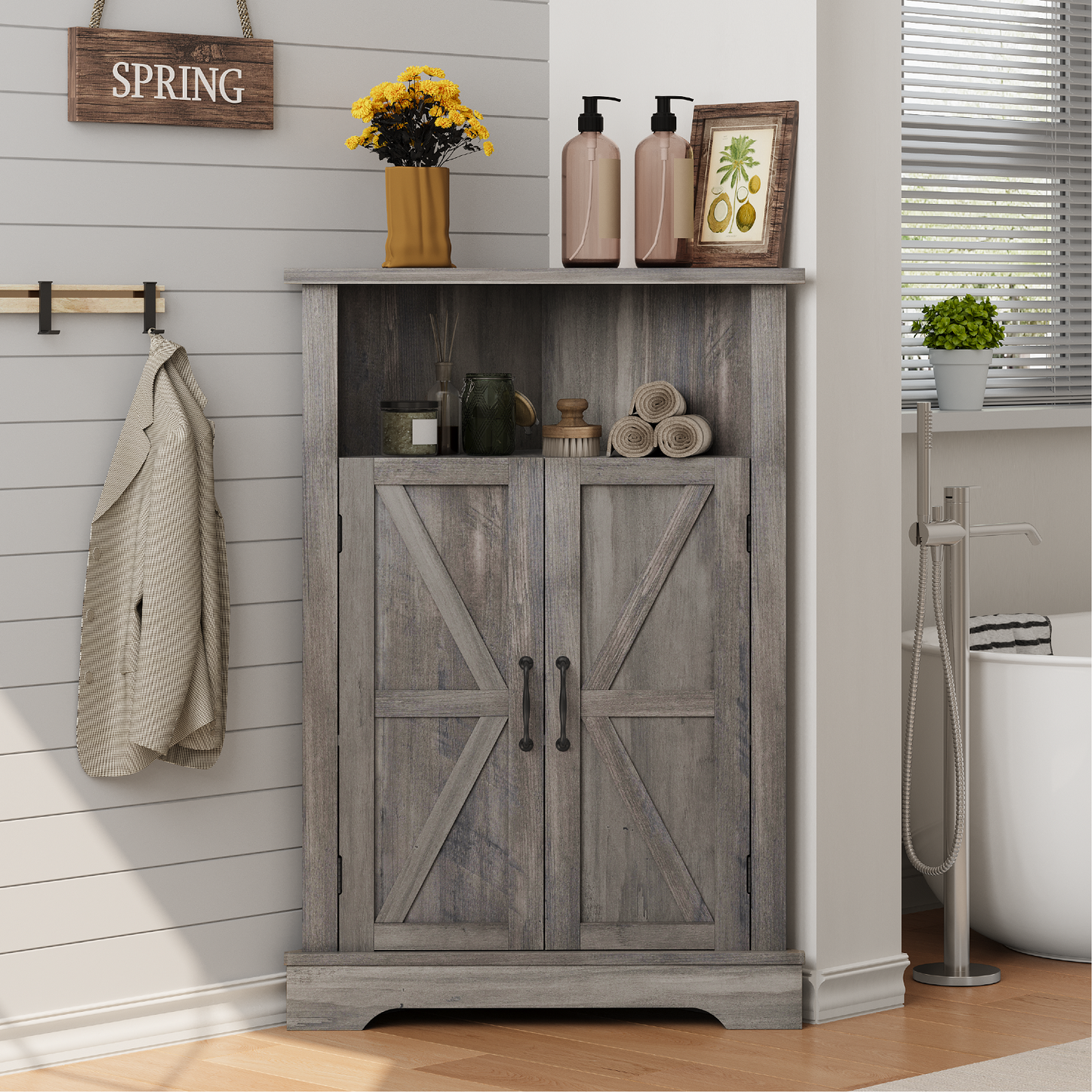 Smuxee Farmhouse Corner Bathroom Storage Cabinet, Freestanding Triangle Linen Organizer Cabinet with Barn Doors & Adjustable Shelves for Laundry Room