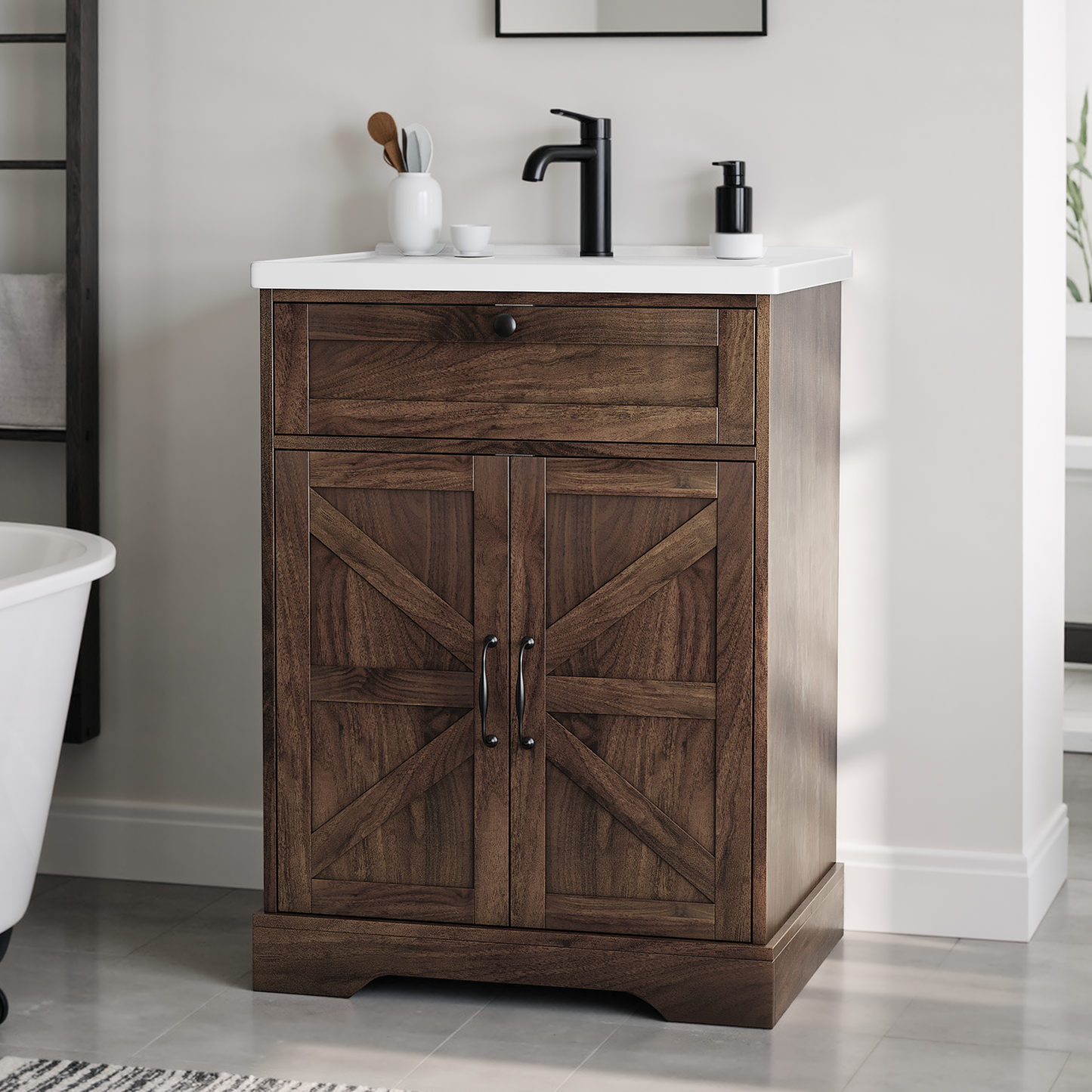 Smuxee 24" Bathroom Vanity with Integrated Sink Top, Bathroom Storage Cabinet with Flip Drawer & Doors