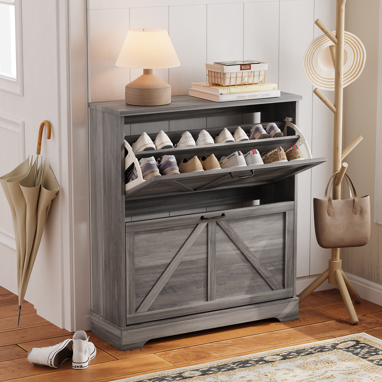 Algherohein Farmhouse Shoe Cabinet Entryway,Shoe Storage Cabinet with 2 Flip Drawers,Gray