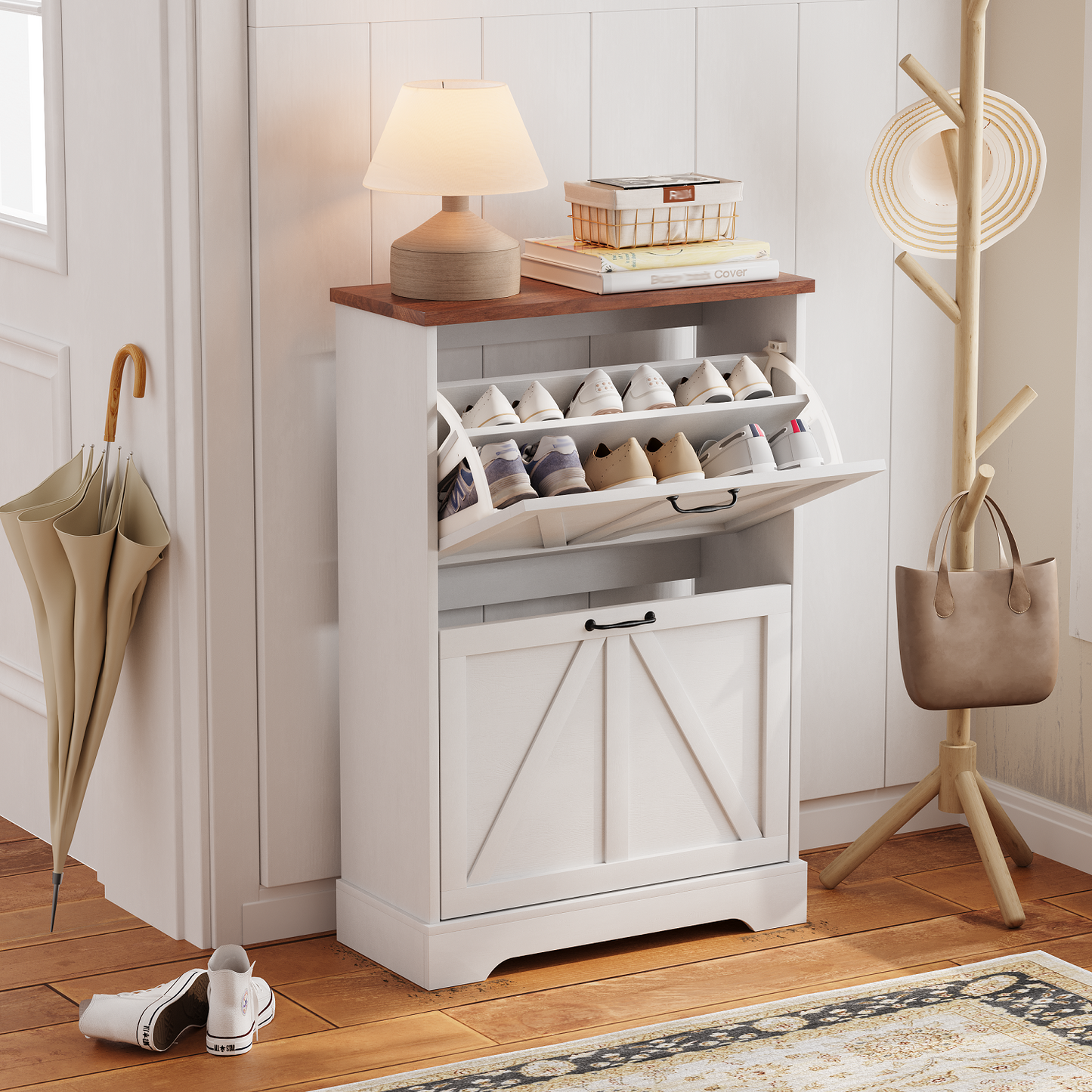 Algherohein Farmhouse Shoe Cabinet Entryway,Shoe Storage Cabinet with 2 Flip Drawers,Gray