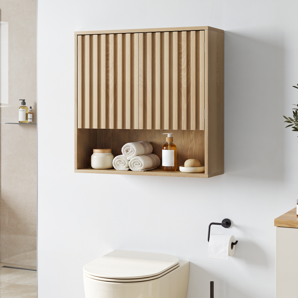Semiocthome Medicine Cabinet Bathroom Wall Storage Cabinet with Fluted Doors and Adjustable Shelves, Natural Oak