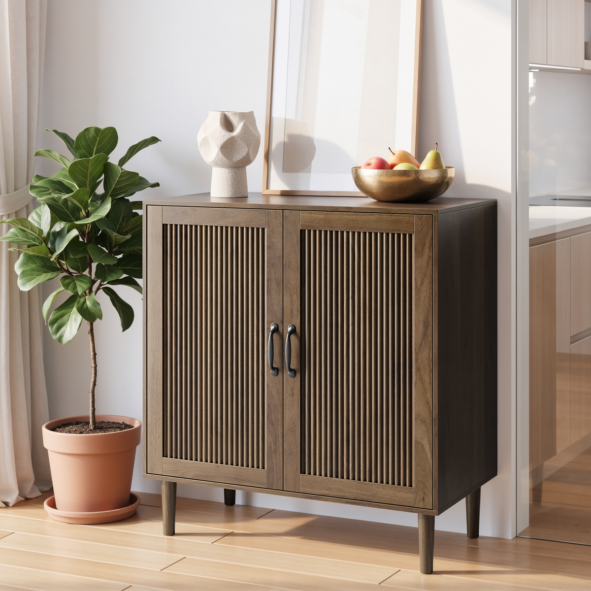 Smuxee Fluted Sideboard Storage Cabinet, Freestanding Mid-Century Modern Reeded Double Door Accent Cabinet