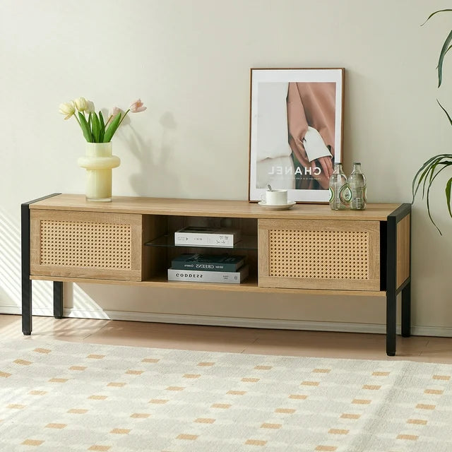 Smart FENDEE Rattan Coffee Table with Sliding Door Storage and Metal Leg for Living Room