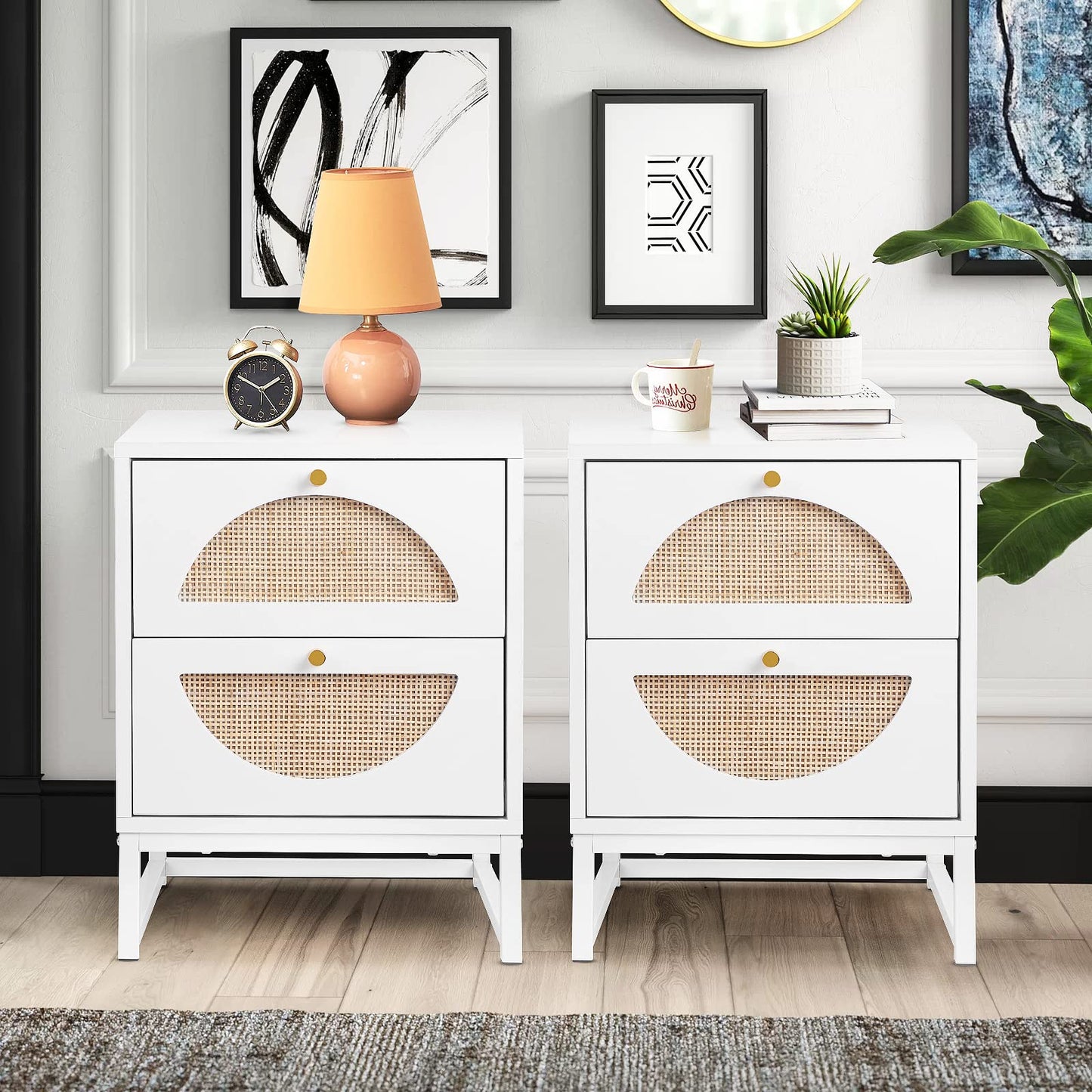 Smart FENDEE Wood Nightstand with 2 Rattan Drawers Bedside Table for Adult, Bedroom