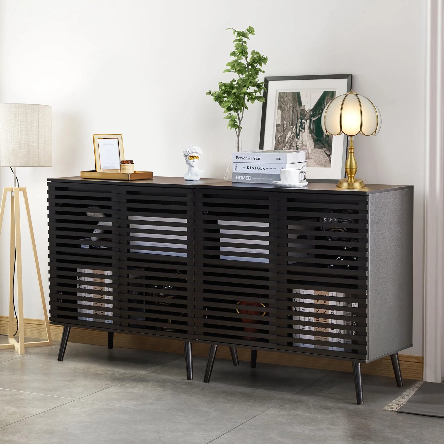 Smart FENDEE Modern Storage Cabinet with 2 Hollowed-Out Doors and 2-Tier Cupboard in Black,15.74"L