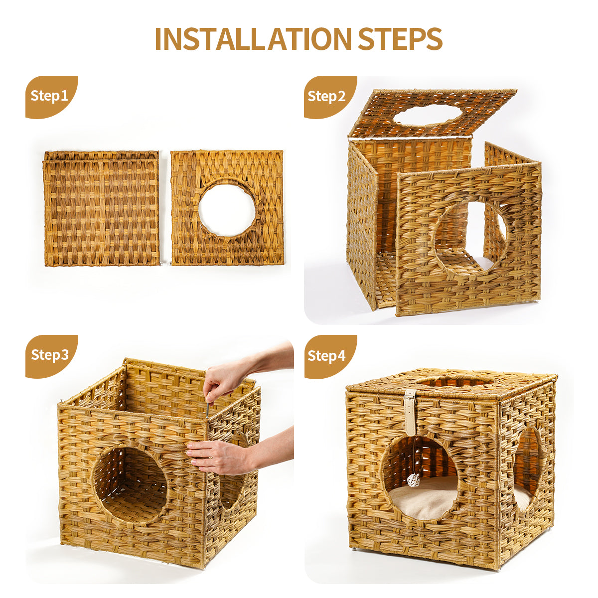 Algherohein Rattan Cat Houses for Indoors,Pet Cat Tunnel Toys Gifts,Cat Crate Bed and Nest