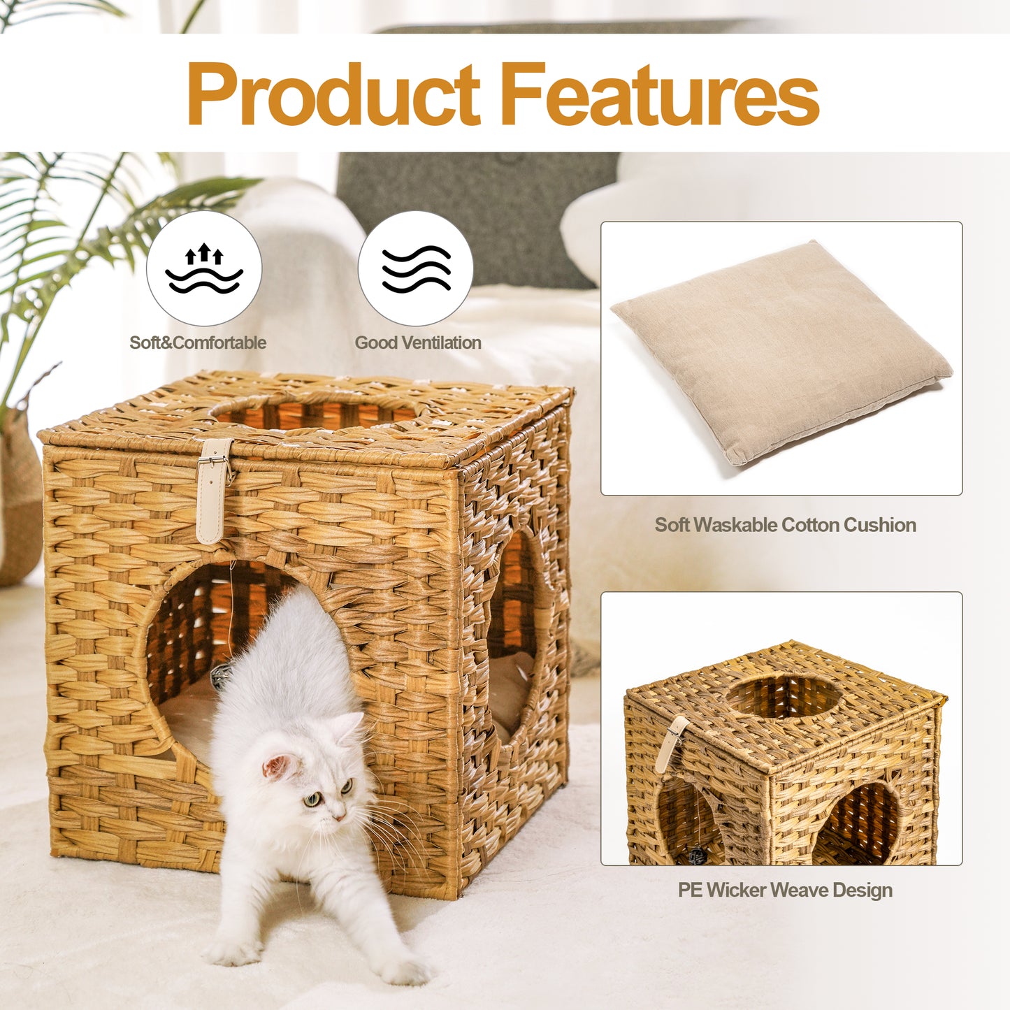 Algherohein Rattan Cat Houses for Indoors,Pet Cat Tunnel Toys Gifts,Cat Crate Bed and Nest