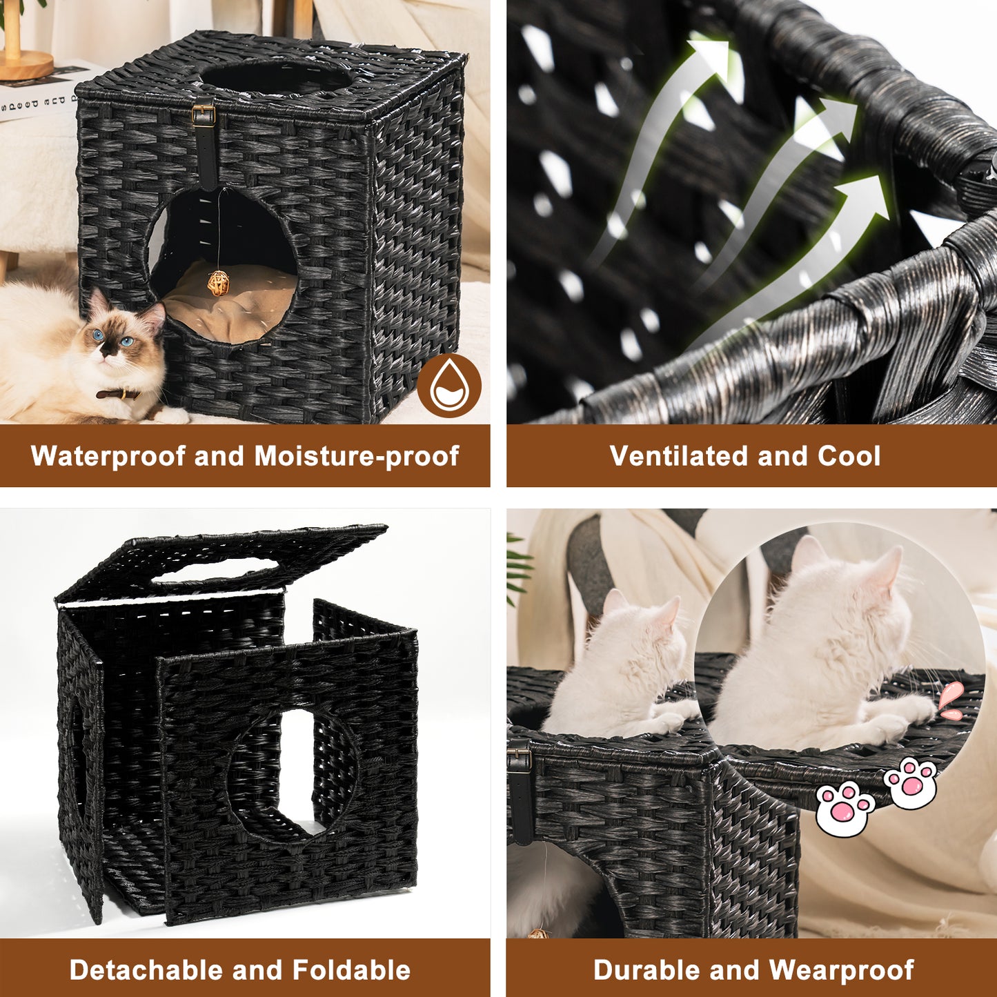 Algherohein Rattan Cat Houses for Indoors,Pet Cat Tunnel Toys Gifts,Cat Crate Bed and Nest