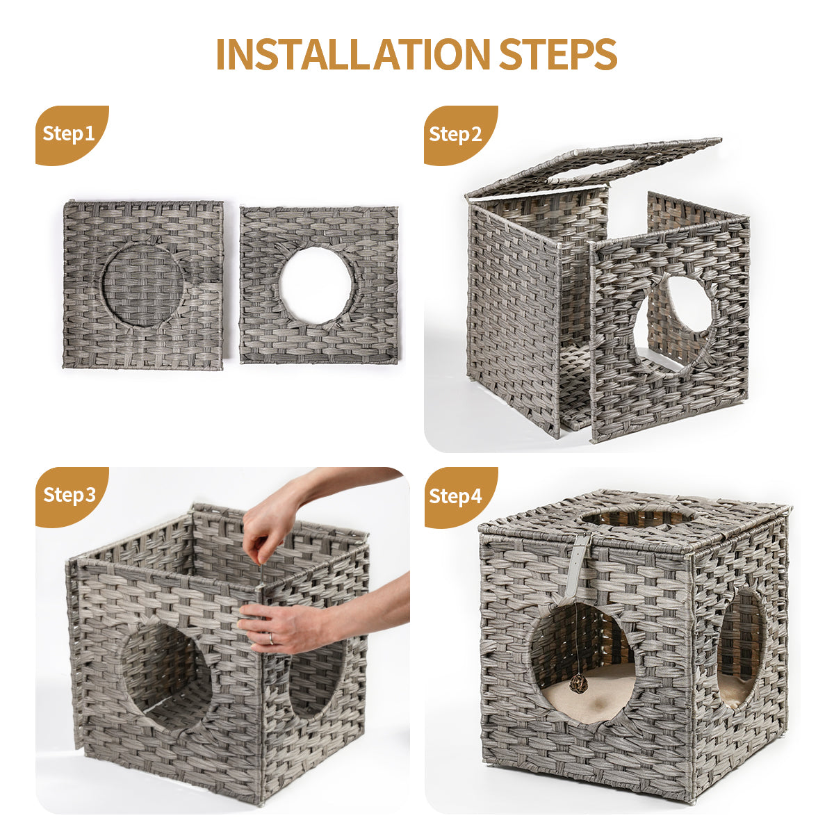 Algherohein Rattan Cat Houses for Indoors,Pet Cat Tunnel Toys Gifts,Cat Crate Bed and Nest