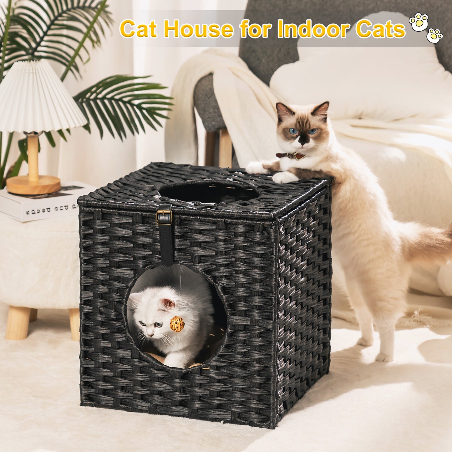 Algherohein Rattan Cat Houses for Indoors,Pet Cat Tunnel Toys Gifts,Cat Crate Bed and Nest