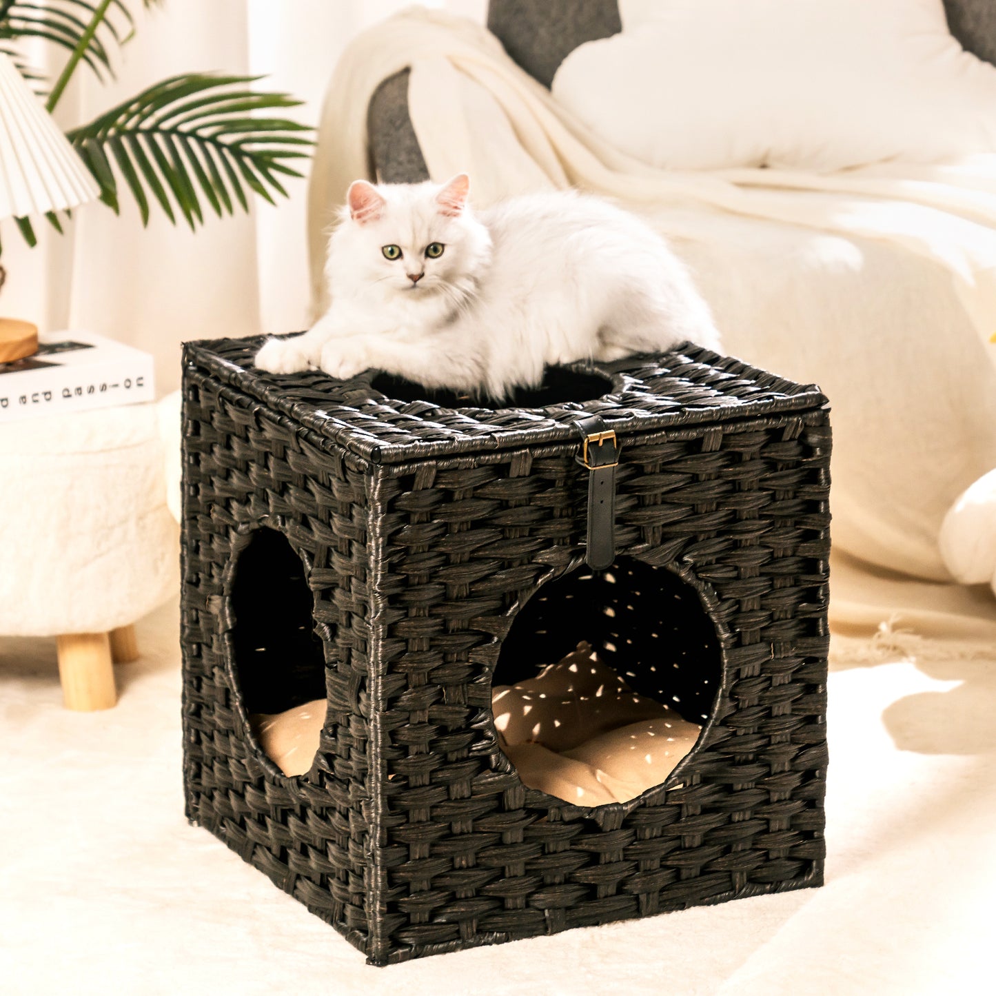 Algherohein Rattan Cat Houses for Indoors,Pet Cat Tunnel Toys Gifts,Cat Crate Bed and Nest