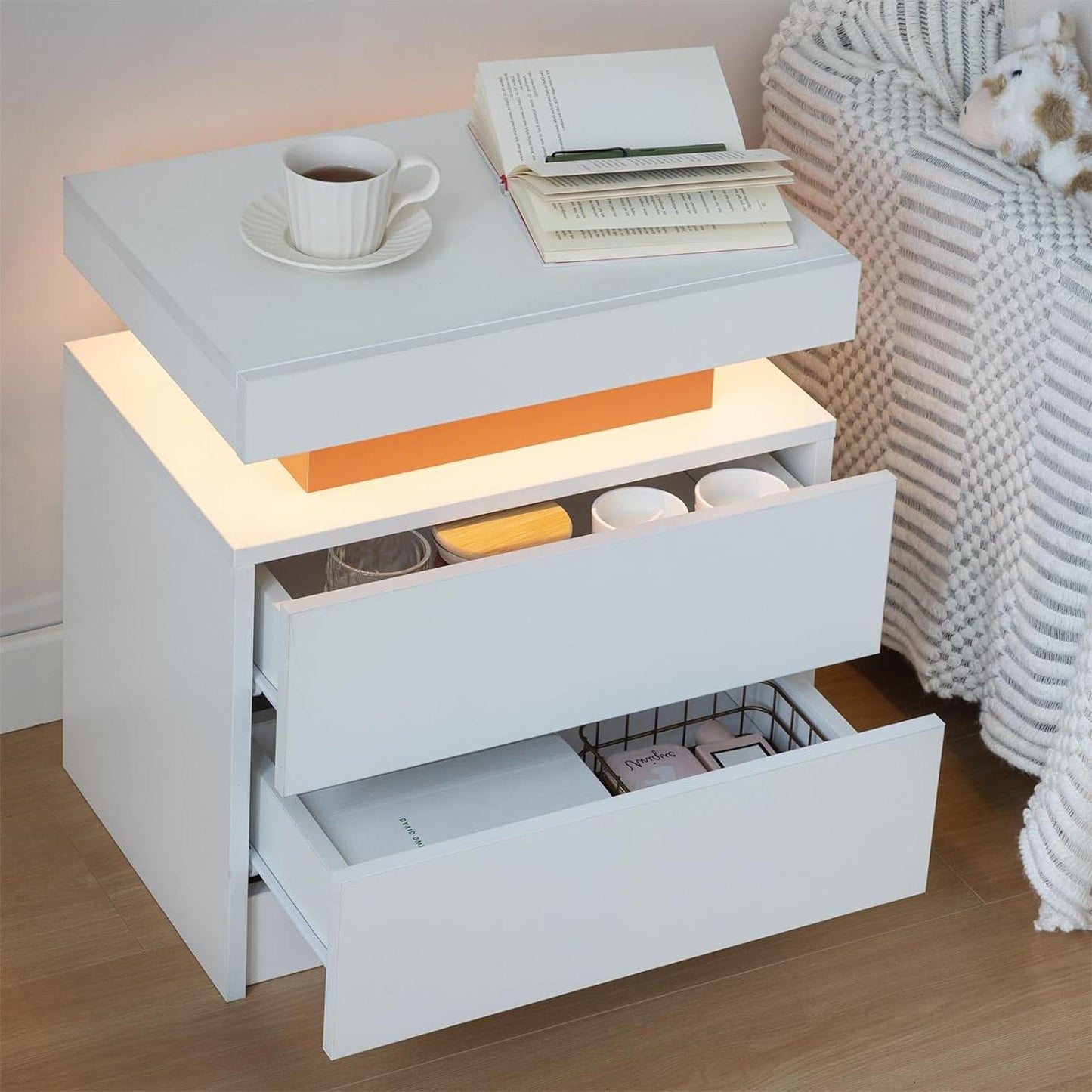 Smuxee Modern Wood LED Nightstand with 2 Drawers, End Tables for Living Room or Bedroom