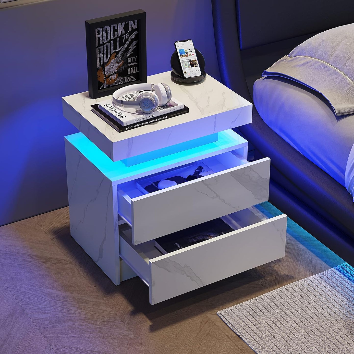 Smuxee Modern Wood LED Nightstand with 2 Drawers, End Tables for Living Room or Bedroom