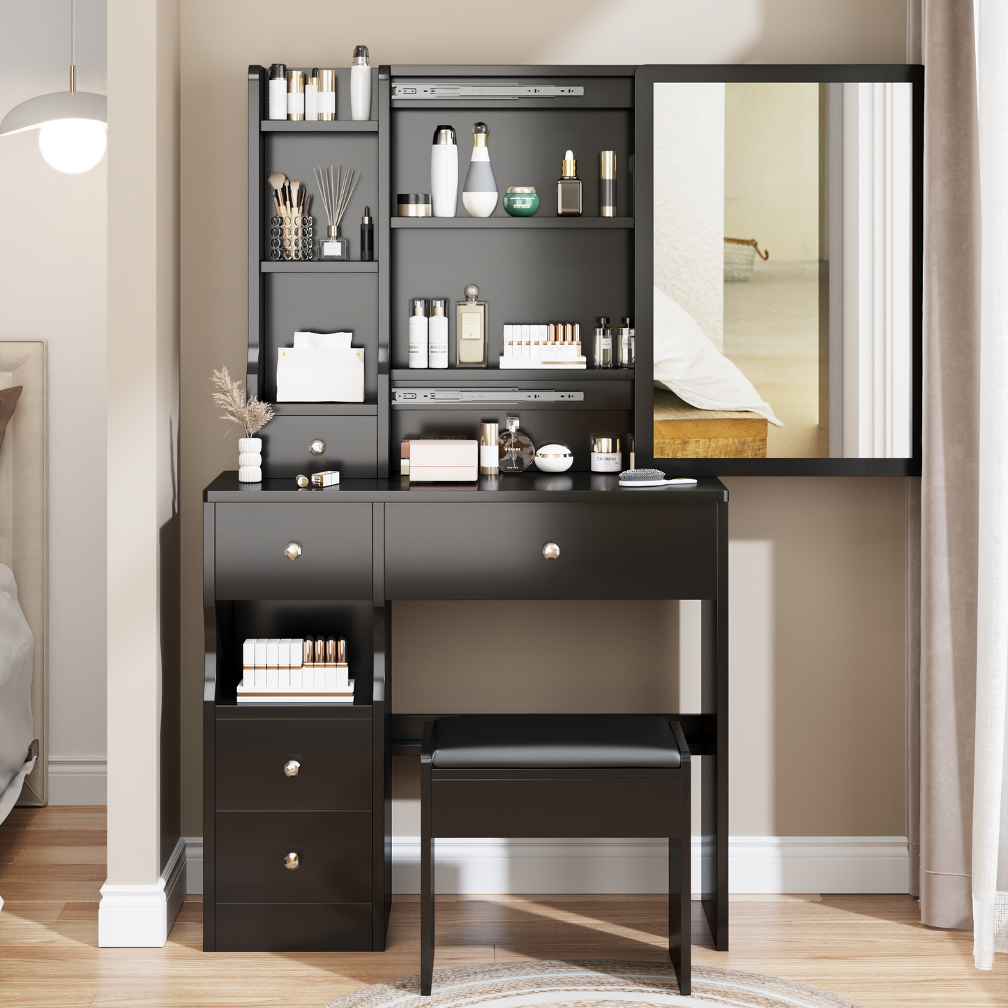 Semiocthome Modern Makeup Vanity Table and Cushioned Stool Set,Sliding Mirror and 4 Drawers