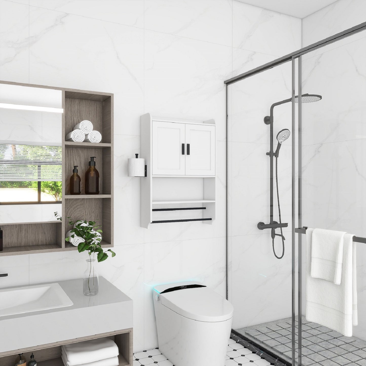 Smuxee Bathroom Wall Storage Cabinet with Towel Bar,Medicine Cabinet Organizer over The Toilet