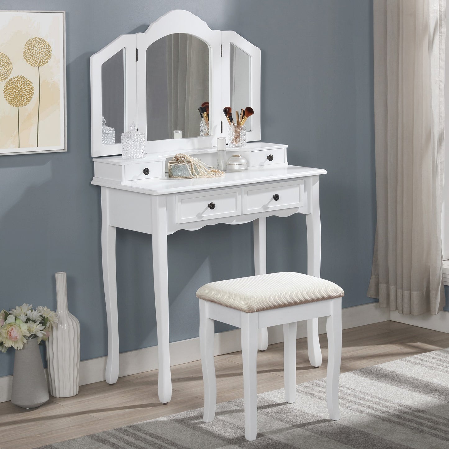Smuxee Kids Vanity Set with Mirror,Makeup Table and Vanity Stool,Girls Bedroom Furniture