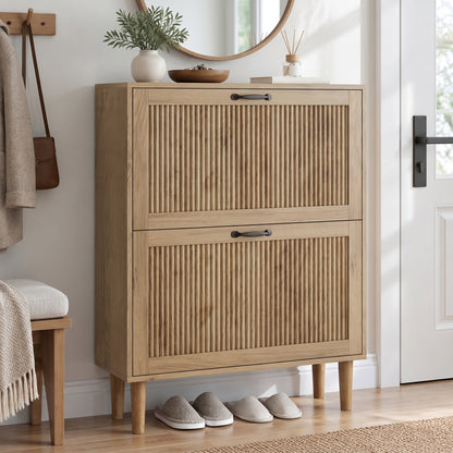 Semiocthome 31.5" Shoe Cabinet with 2 Flip Drawers, Small Fluted Doors, Shoe Storage Cabinet for Entryway,Natural