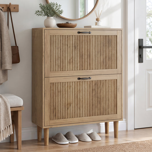 Semiocthome 31.5" Shoe Cabinet with 2 Flip Drawers, Small Fluted Doors, Shoe Storage Cabinet for Entryway,Natural